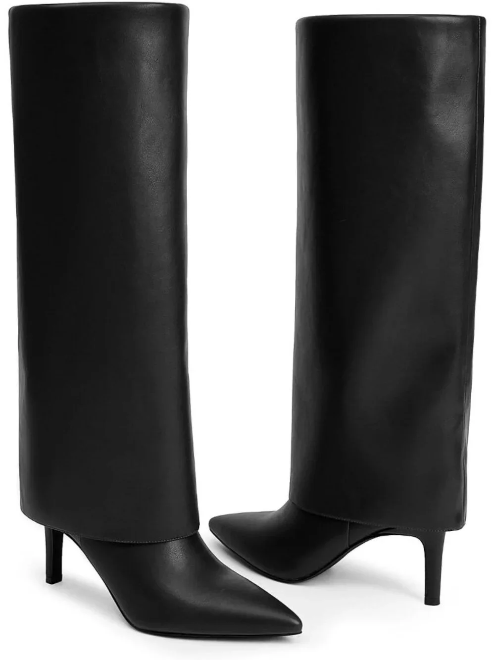 Women's Black Pu Stiletto Heel Pointed Toe Chic Fold Over Knee High Boots
